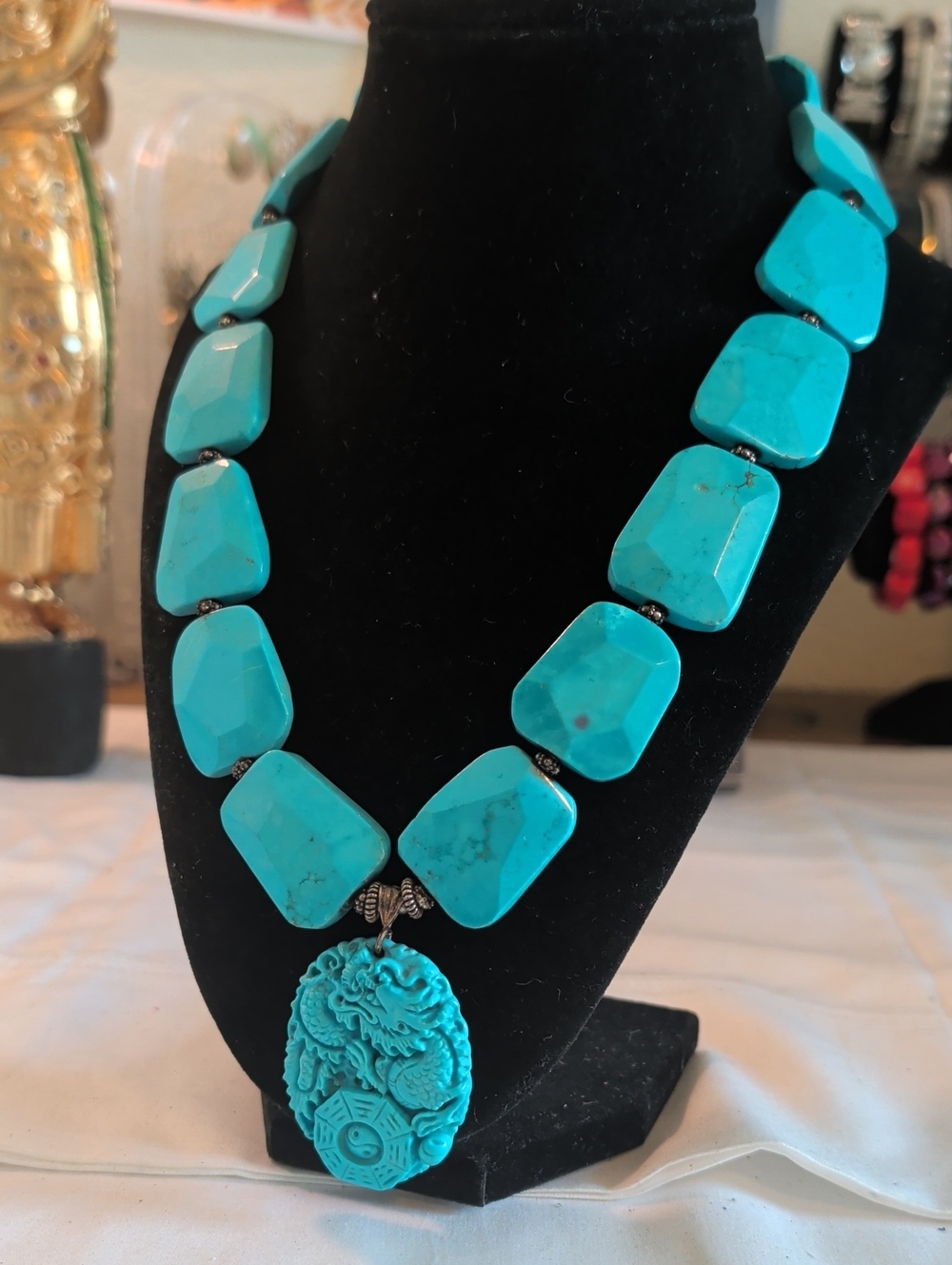 Vintage Turquoise  Stone Dragon Carved Pendant Necklace